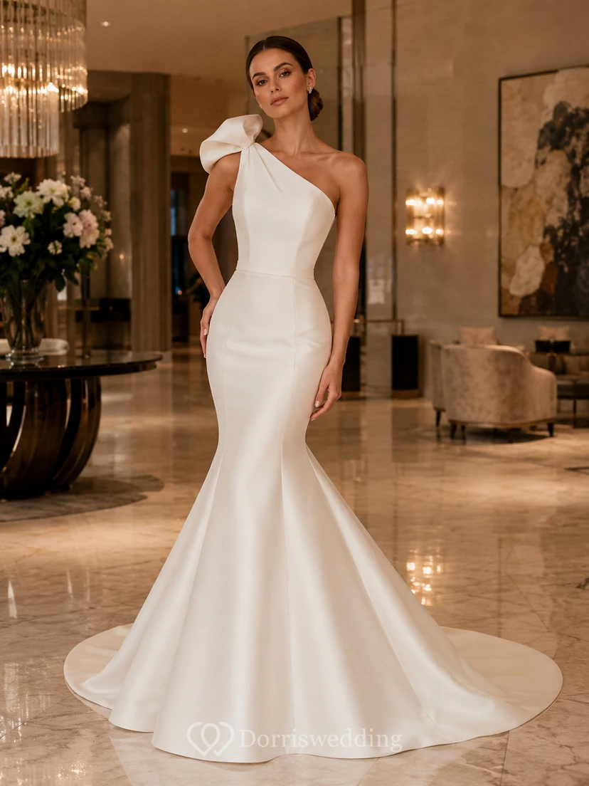 Minimalist Satin Wedding Dress Mermaid One Shoulder Sleeveless Sweep Train Bridal Gown