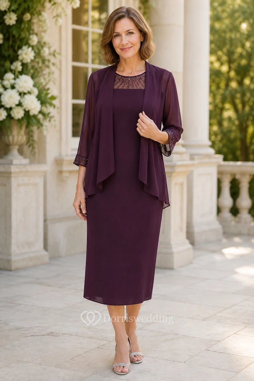 Plum Tea-Length Sheath Mother Dress with Chiffon Jacket