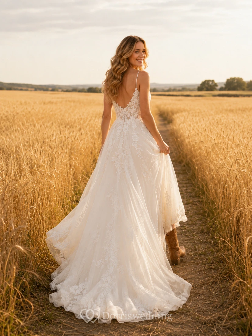 Robe de mariée de maternité épaules dénudées, manches longues en dentelle, coupe trapèze avec traîne view 2