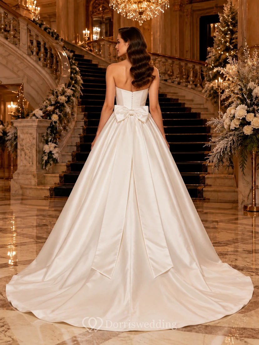 Winter Strapless Satin Ball Gown Wedding Dress With Bow view 2