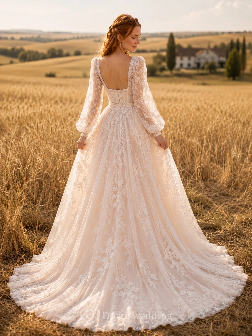 Country Tulle Wedding Dress A-Line V-Neck Flutter Sleeve Chapel Train Low V Back Bridal Gown view 2