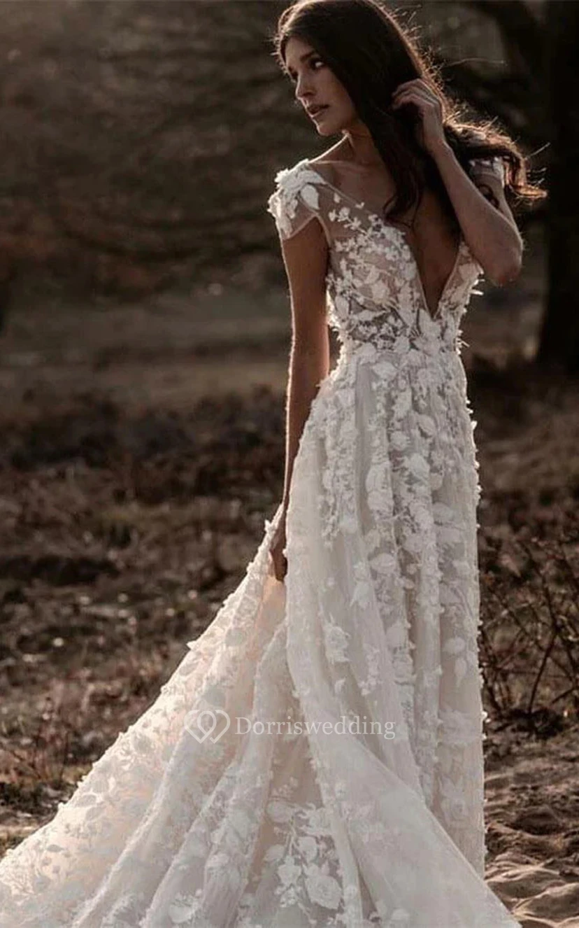 Country Cap Plunged Keyhole Empire A-line Boho Lace Applique Wedding Dress view 4