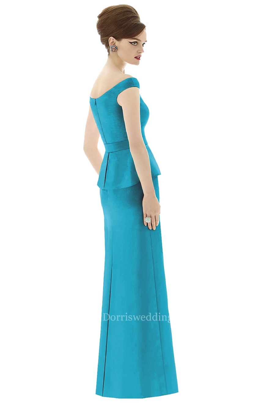 Elegant Long Off-the-Shoulder Satin Gown with Cap sleeves and Waistband view 2