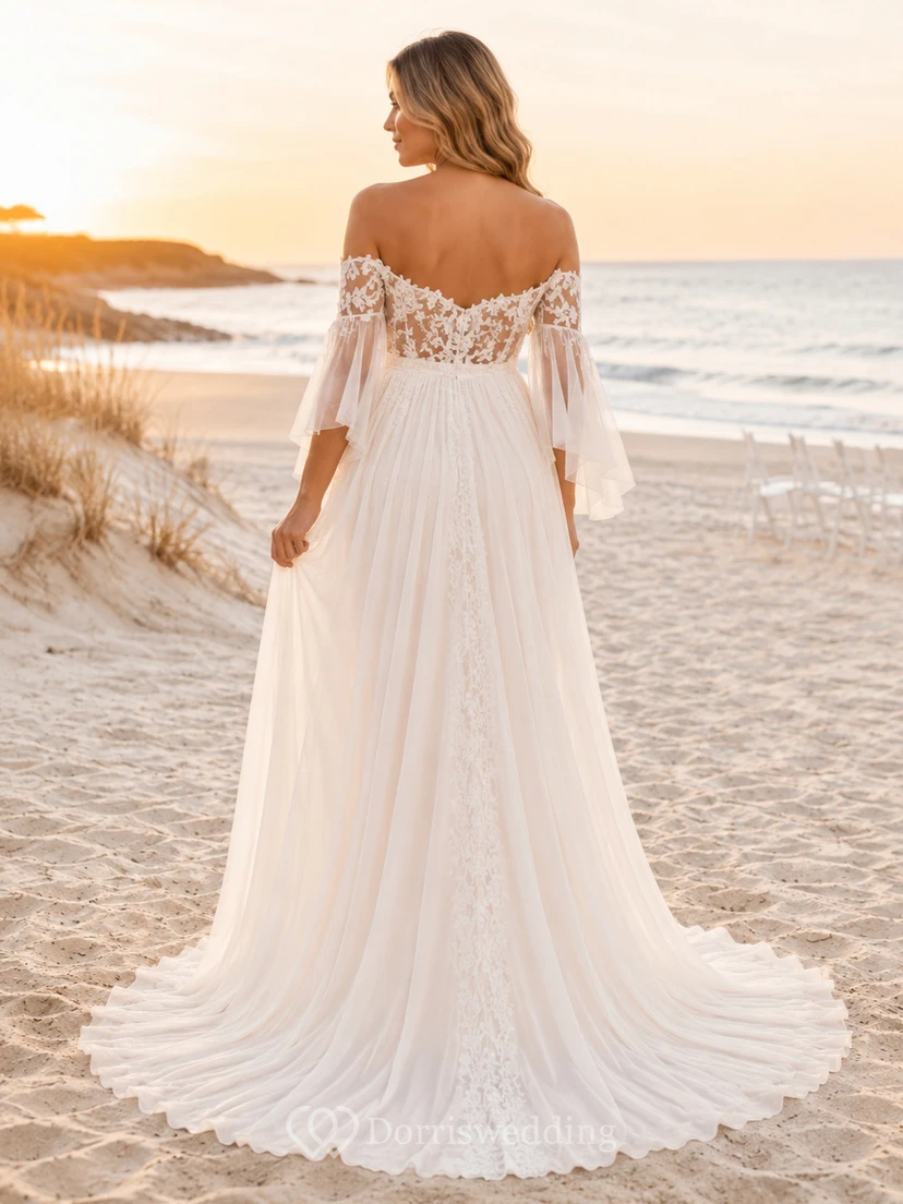 Maternity Wedding Dress Off Shoulder Flutter Lace Sleeve Beach Bridal Gown view 2