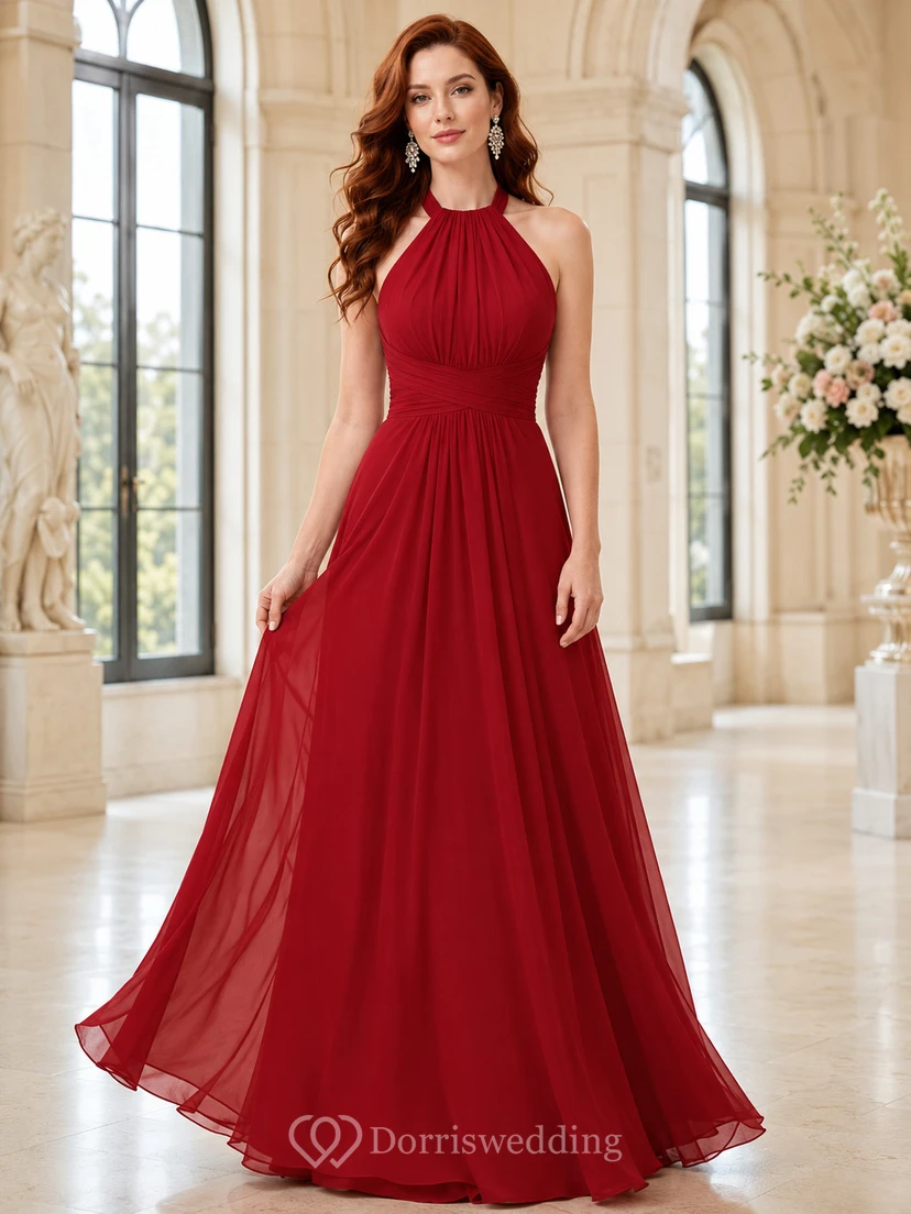 Red halter neck chiffon A line charity gala gown