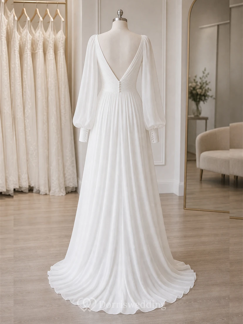 Chiffon-Hochzeitskleid mit langen Ärmeln und Puffärmeln in Übergröße im Empire-Stil view 9