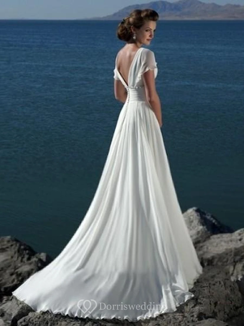 Empire V-neck Court Trains Chiffon Beach Vintage Wedding Dresses for Brides view 2
