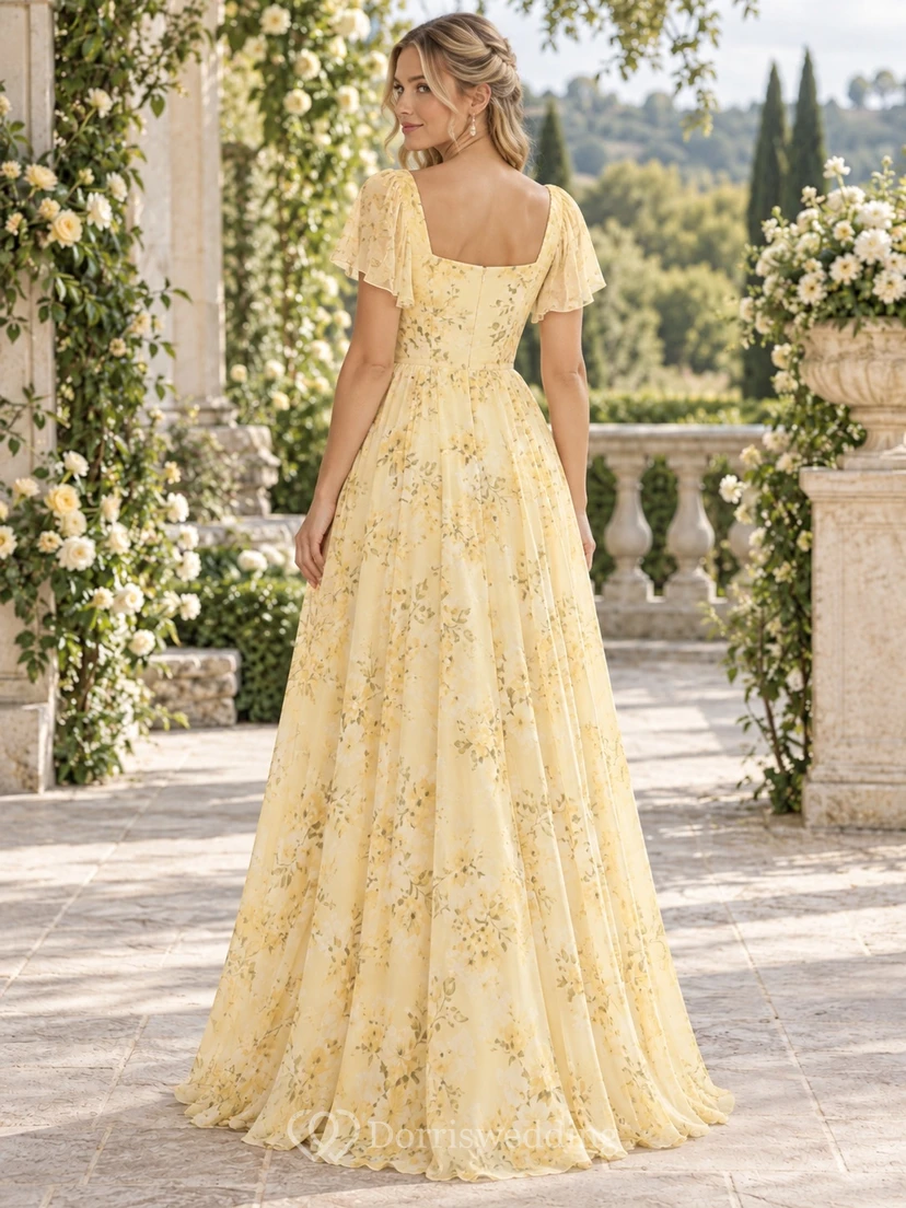 Vestido de dama de honor de gasa con cuello cuadrado, mangas acampanadas y estampado floral de narcisos, largo hasta el suelo y corte en A. view 2