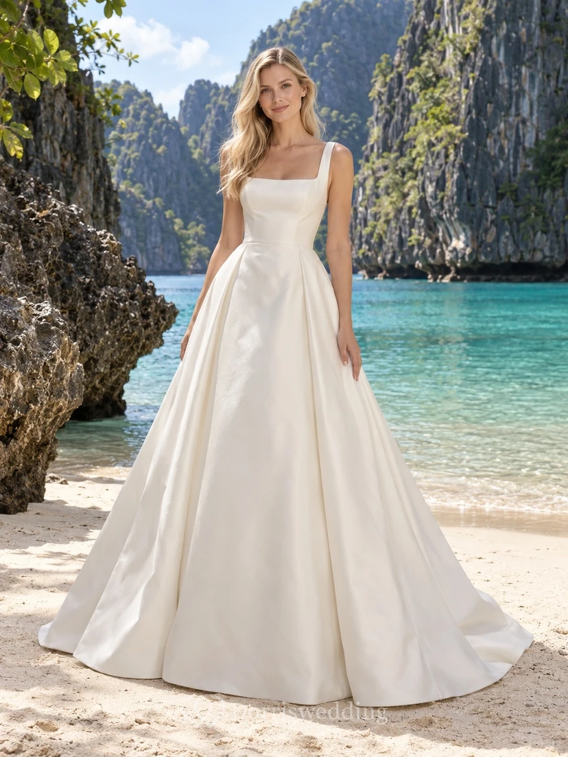 Einfaches Brautkleid aus Satin mit eckigem Ausschnitt, breiten Trägern und A-Linien-Form