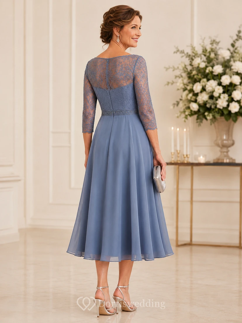 Steel Blue Tea Length Lace Mother Dress Steel Blue Bateau Jewel A-Line Tea-length view 2