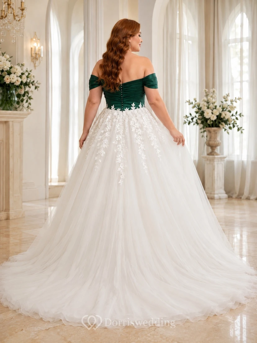 Emerald Floral Plus Size Bridal Ball Gown Off-the-shoulder Short Sleeve Sweep Train Romantic Gown view 2