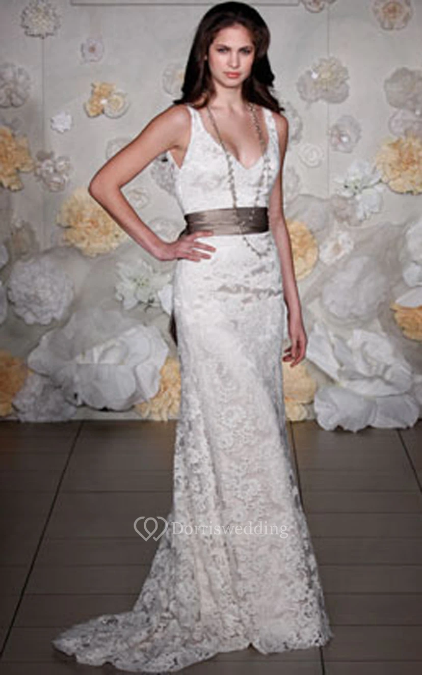 Fantastic Sleeveless Lace Over Charmeuse Bridal Dress With V Back