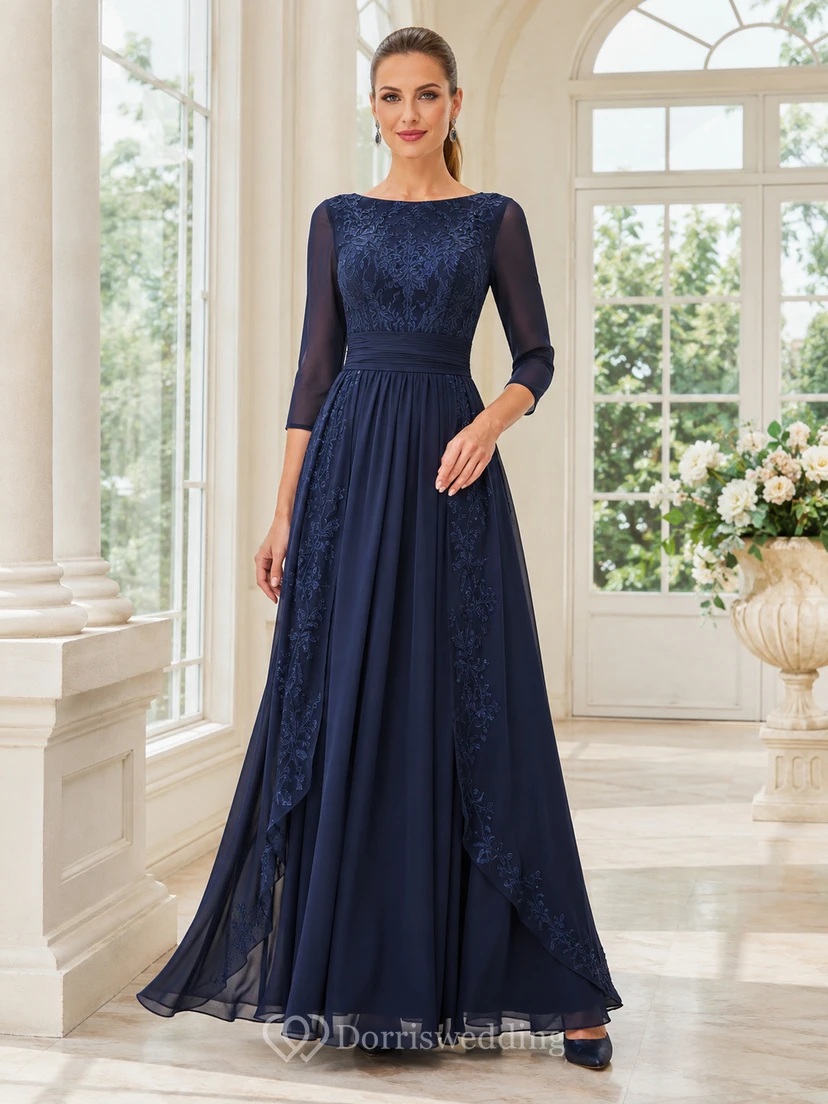 Vestido formal de corte A largo hasta el suelo con mangas barco, modesto, azul marino oscuro, de gasa y encaje.