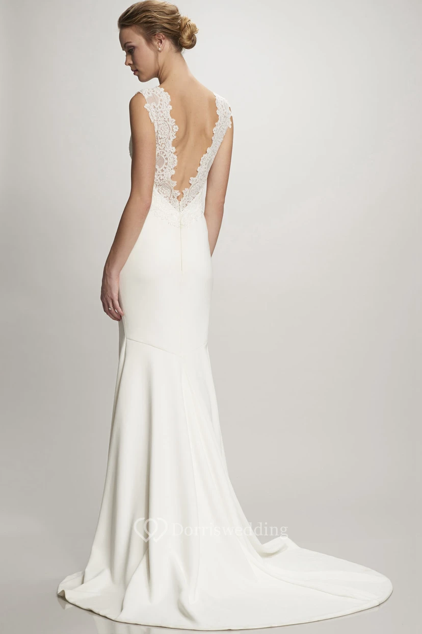 Sheath Lace Sleeveless Floor-Length Bateau Satin Wedding Dress With Deep-V Back And Court Train view 2