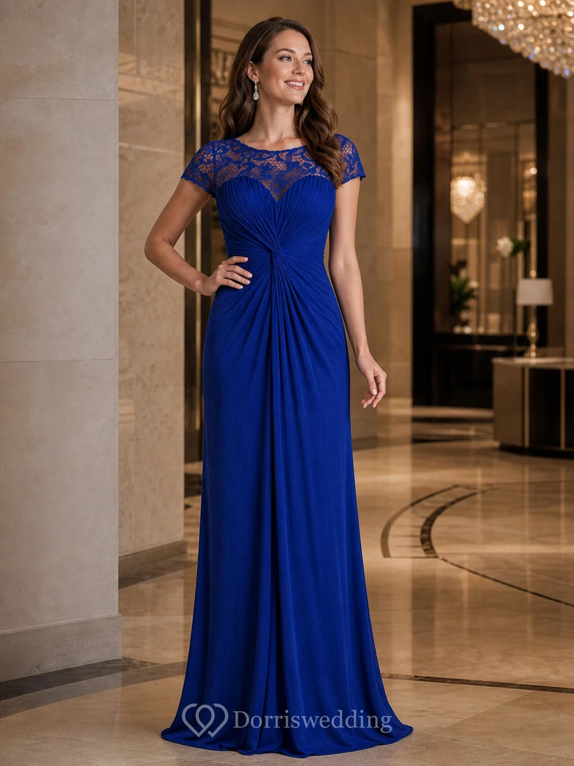 Robe longue à manches courtes froncée pour la mère de la mariée, avec encolure en dentelle illusion view 8