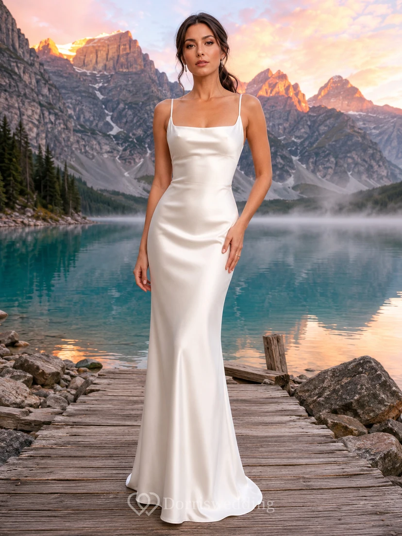 Open Back Square Neck Satin Mountain Lake Elopement Gown
