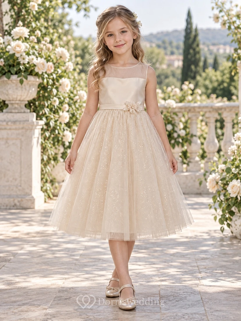 Tea-length Champagne A-line Tulle Sleeveless Illusion-Neck Sparkling Flower-waist Flower Girl Dress