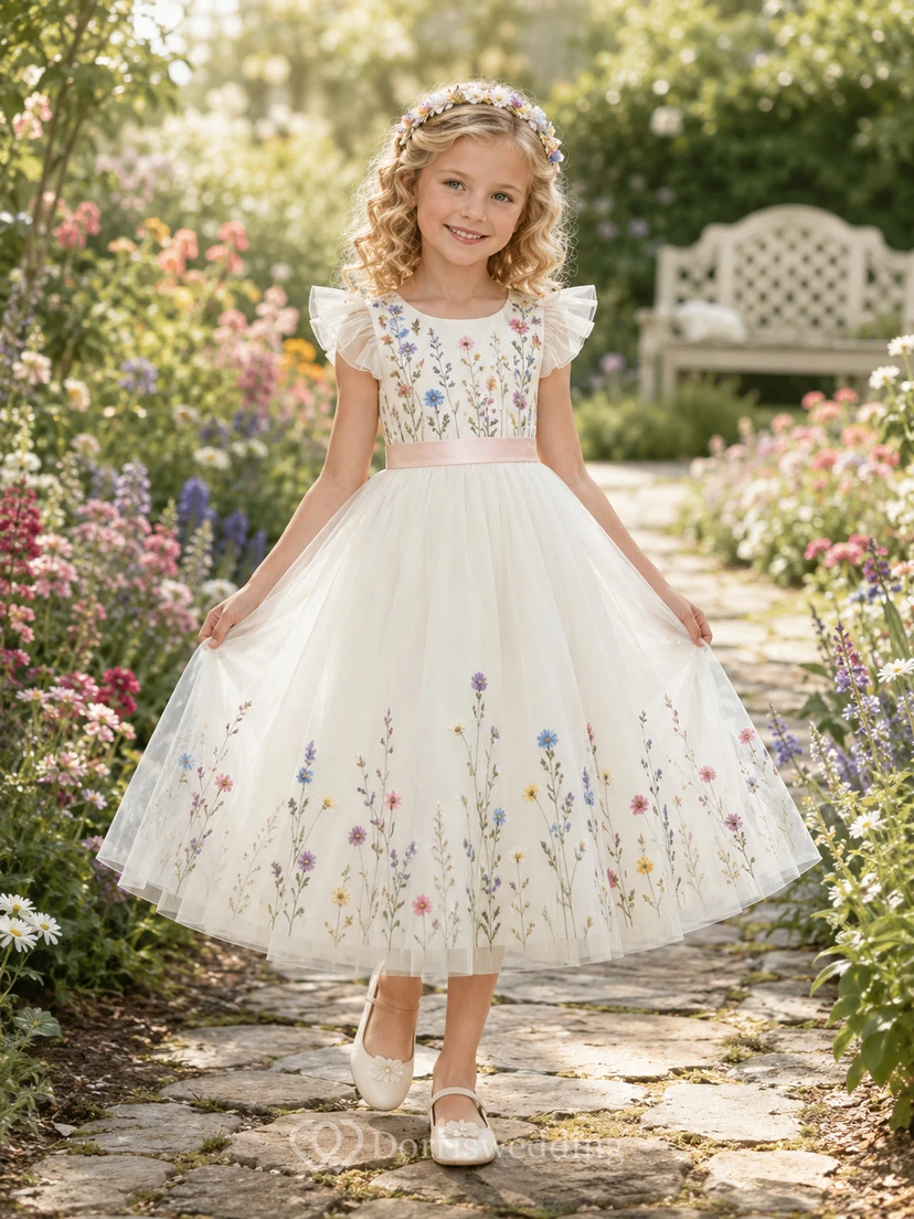 Romantisches Outdoor-Gartenkleid aus Tüll mit floraler Stickerei und knielangen Blütenärmeln