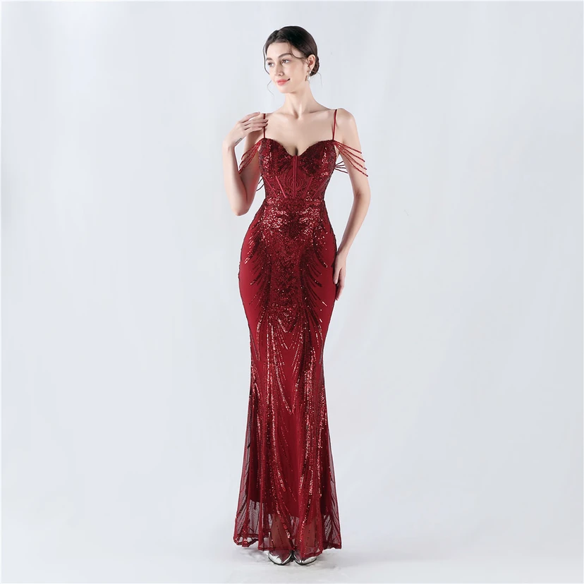 Waist-Reduced Fishbone Shaping Positioning Flower Sequined Anchor Sexy Beaded Suspender Evening Dress view 91