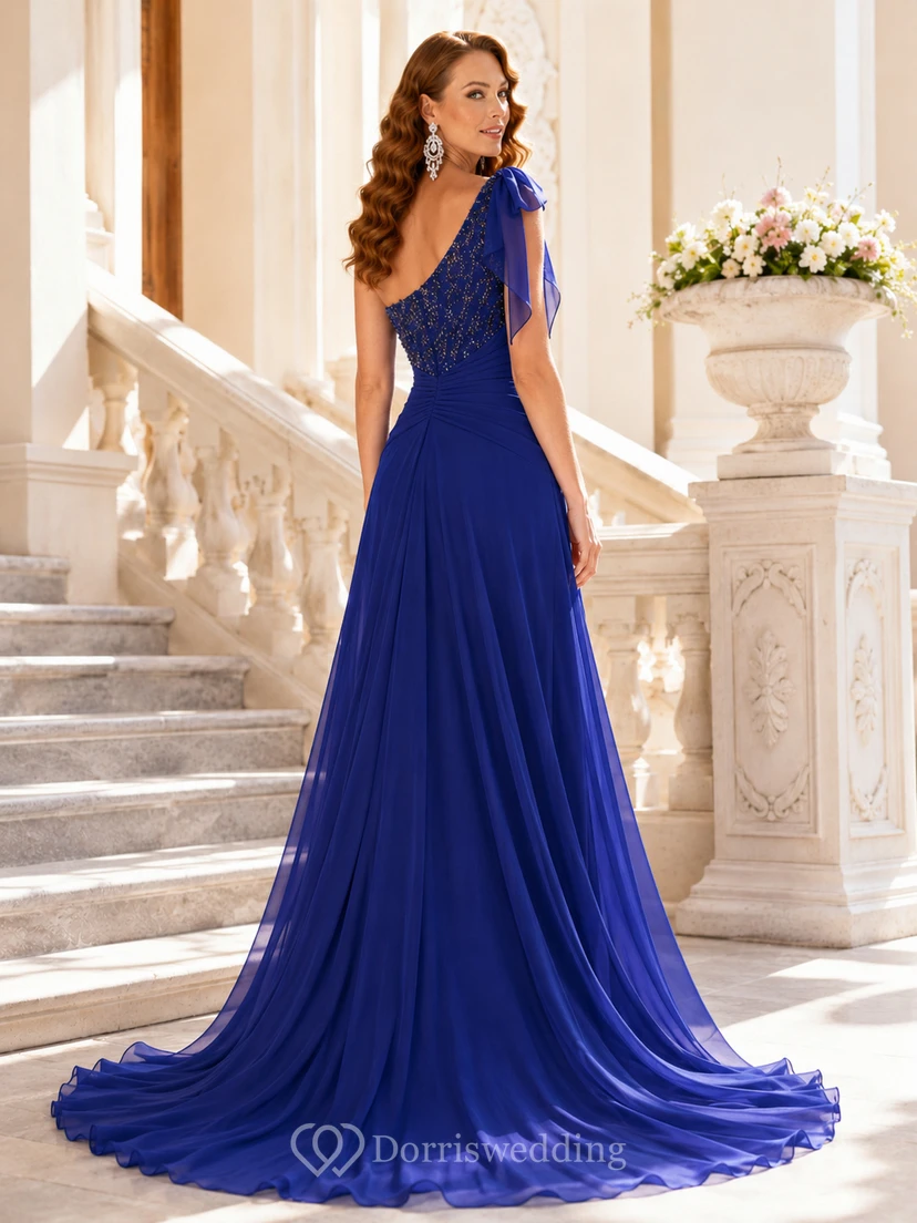 Elegant Royal Blue Chiffon Feria Gala A Line Floor Length One Shoulder Gown view 2