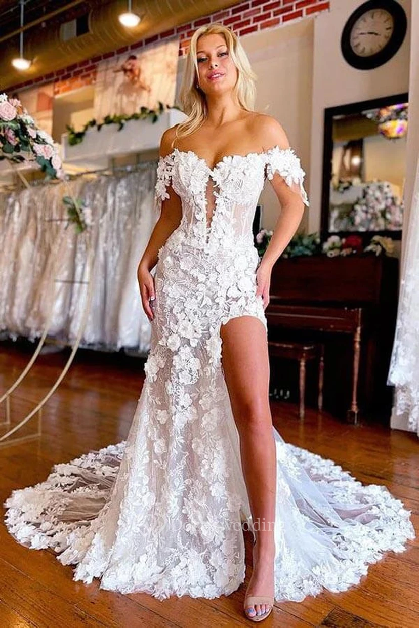 Brautkleid aus Spitze mit schulterfreiem, herzförmigem Ausschnitt und Schlitz vorne sowie Illusion-Effekt