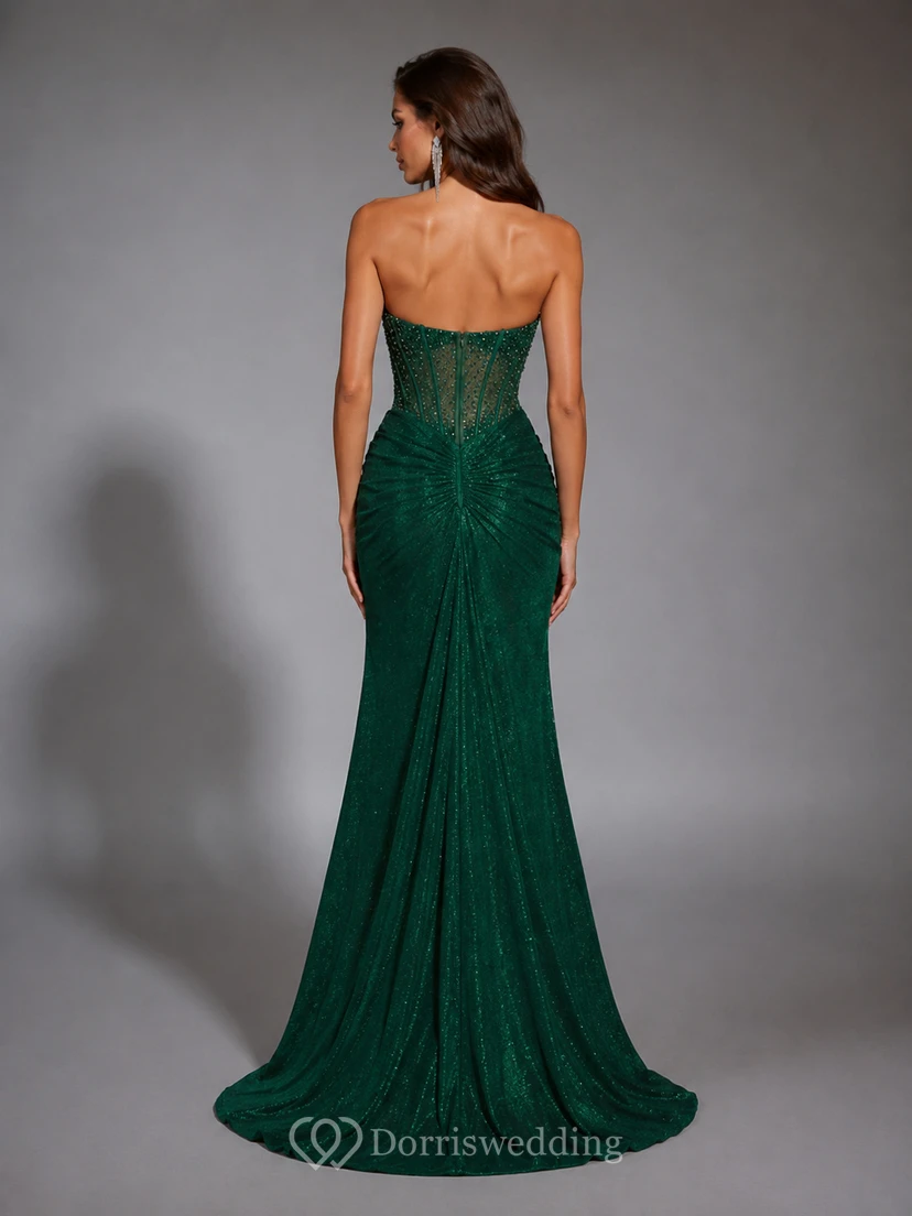 Robe de bal sirène vert foncé sans bretelles à paillettes avec fente view 2