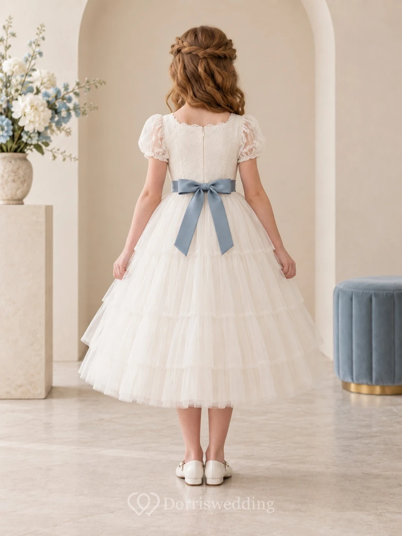 Tea-length Ivory A-line Lace Tulle Puff-sleeve Blue-sash Tiered Flower Girl Dress view 2