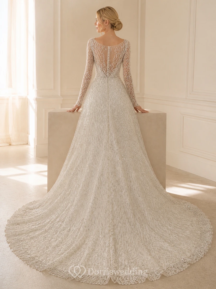 Vestido de novia de lujo estilo catedral con mangas largas y encaje radiante view 2