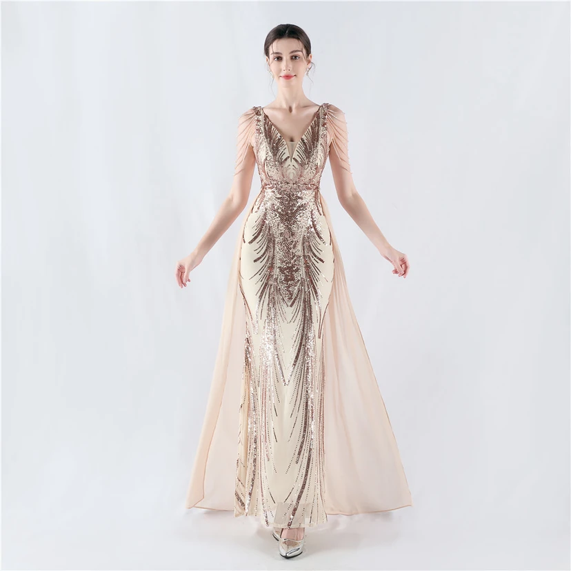 Paillettenbesetzte Blumen mit Cape-Stickerei, hochwertiges Abendkleid, ideal für die Ausrichtung der Jahrestagung view 21