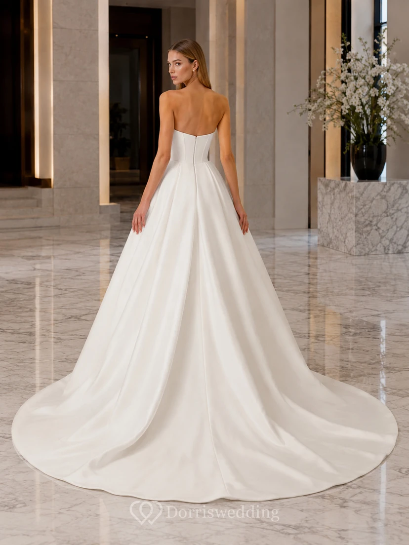 Satin Wedding Dress A-Line Strapless Chapel Train with Slit Bridal Gown view 2