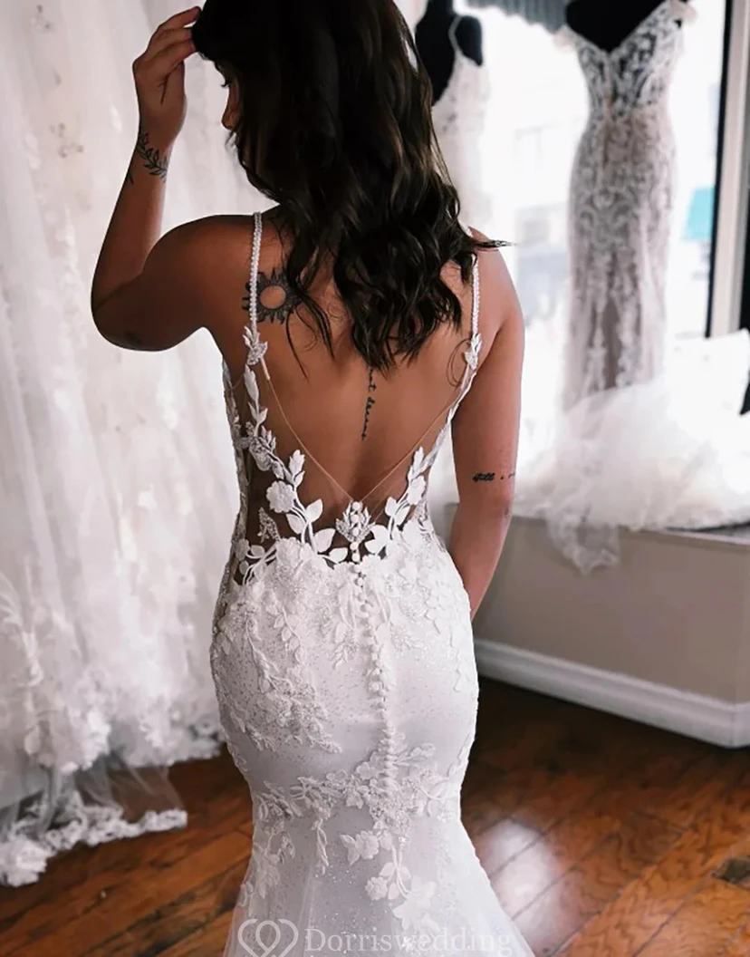 Illusion Lace Fit-and-Flare Wedding Dress with Plunging Neckline view 4