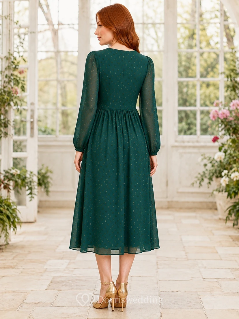 Forest Green Floral V Neck Long Sleeve Chiffon Tea Length Romantic Dress view 2