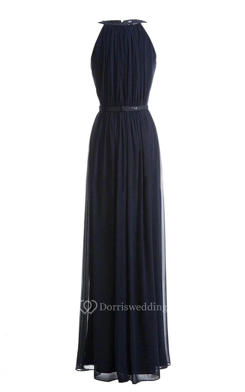 High-neck Long Chiffon Gown With Sequined Waist view 2