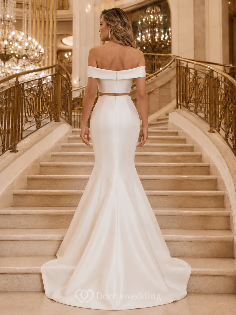 Ensemble de mariée sirène à jupe courte en satin repliable pour salle de bal et escalier view 2