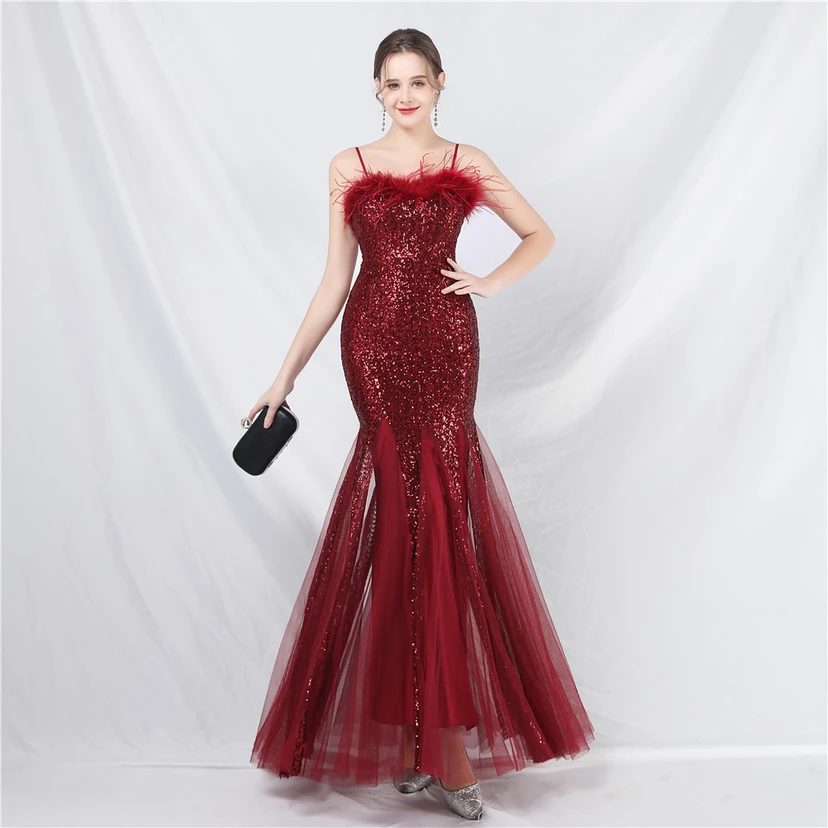 Craft Ostrich Feather Mesh Sequined Long Evening Dress view 23