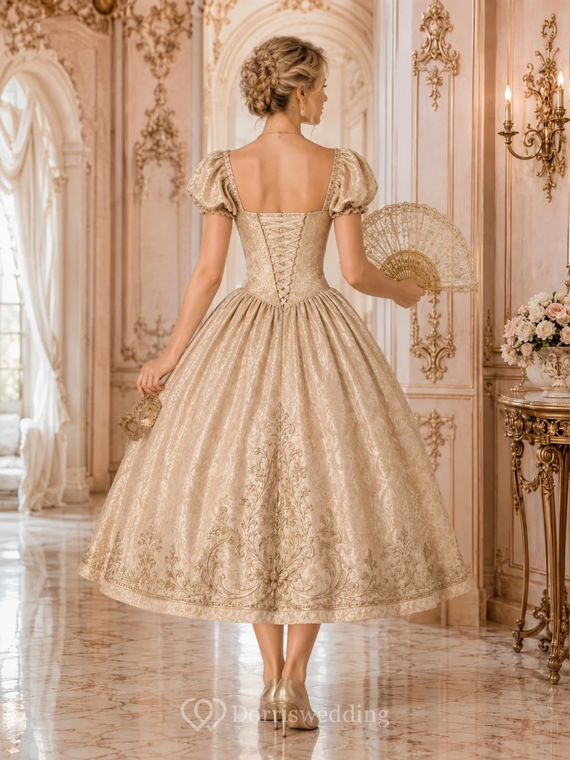 Vintage Champagne Puff Sleeve Tea-Length Ball Gown Embroidered Formal Dress view 2