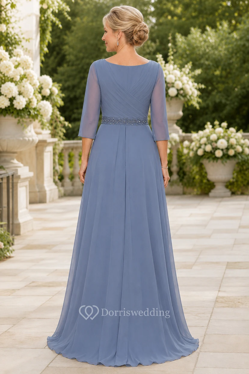 MOB-Kleid aus stahlblauem Chiffon in A-Linie mit 3/4-Ärmeln, Wasserfallausschnitt und bodenlangem Rüschenbesatz view 2