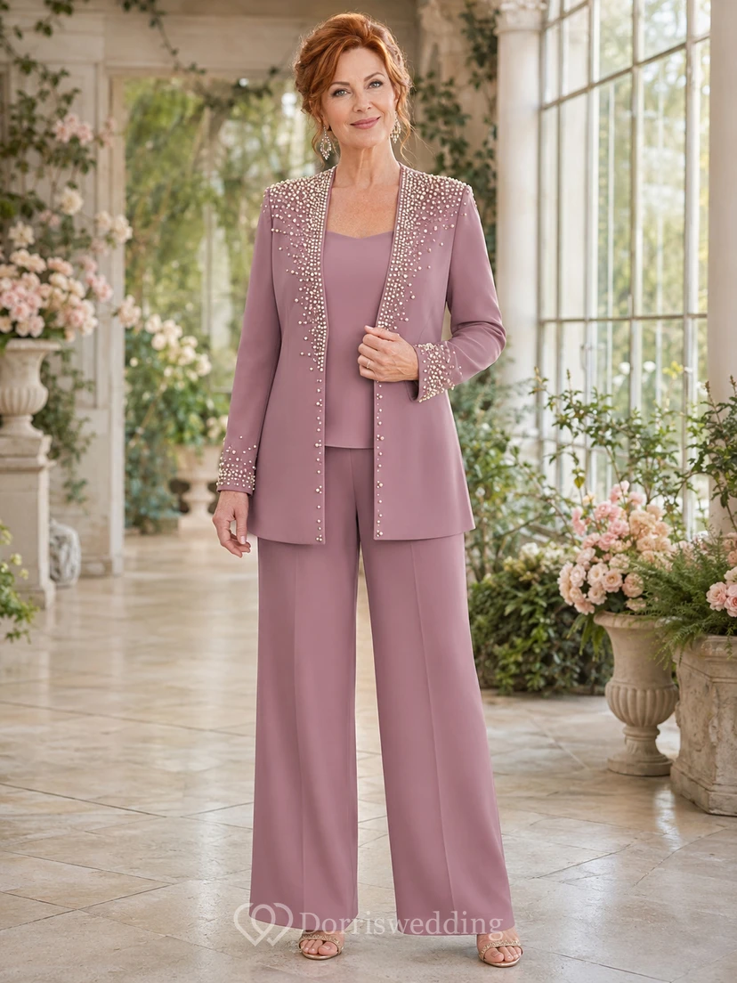 Vintage-Mauve-Luxus-Hosenanzug mit langem Blazer, Perlenrevers und weitem Bein, bodenlang, perfekt für die Mutter der Braut
