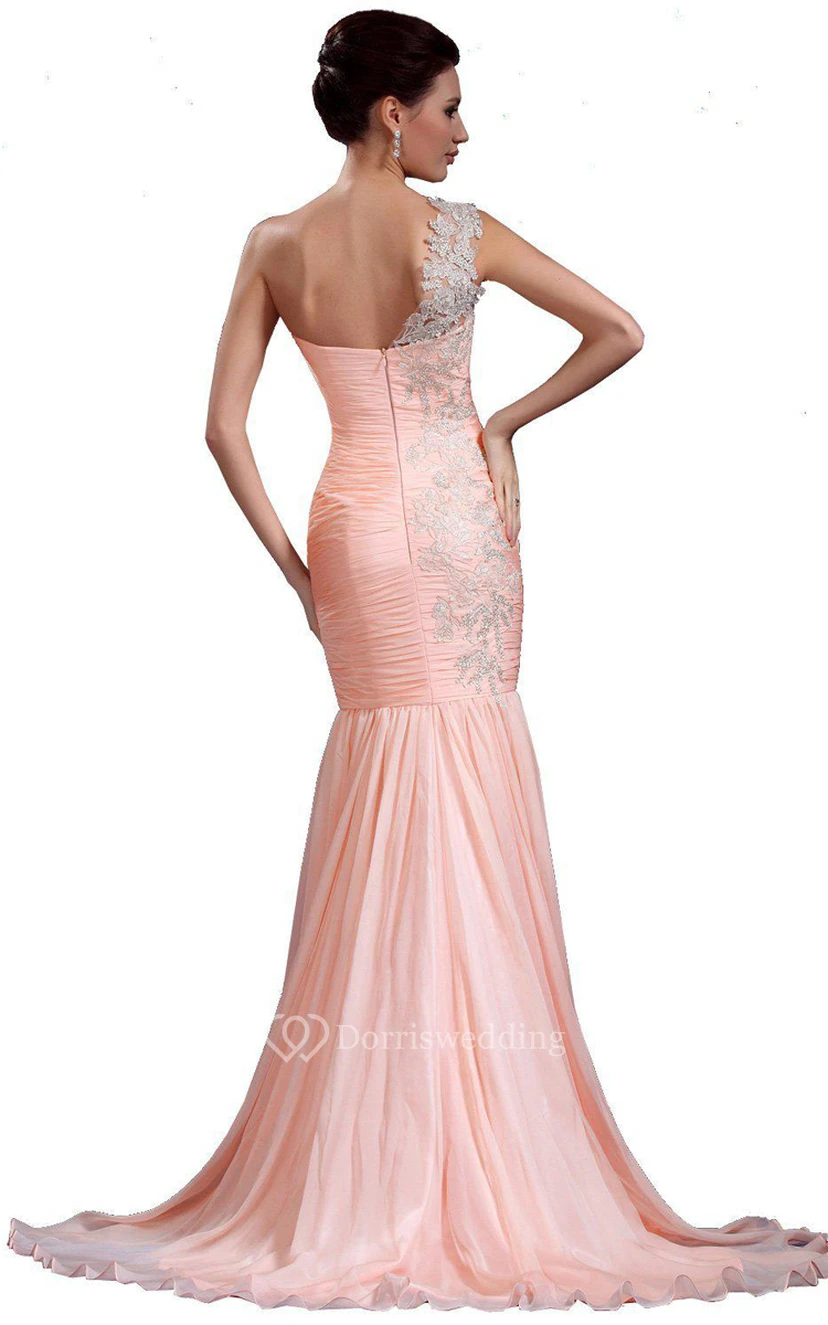 One-shoulder Trumpet Gown With Pleats and Appliques view 2