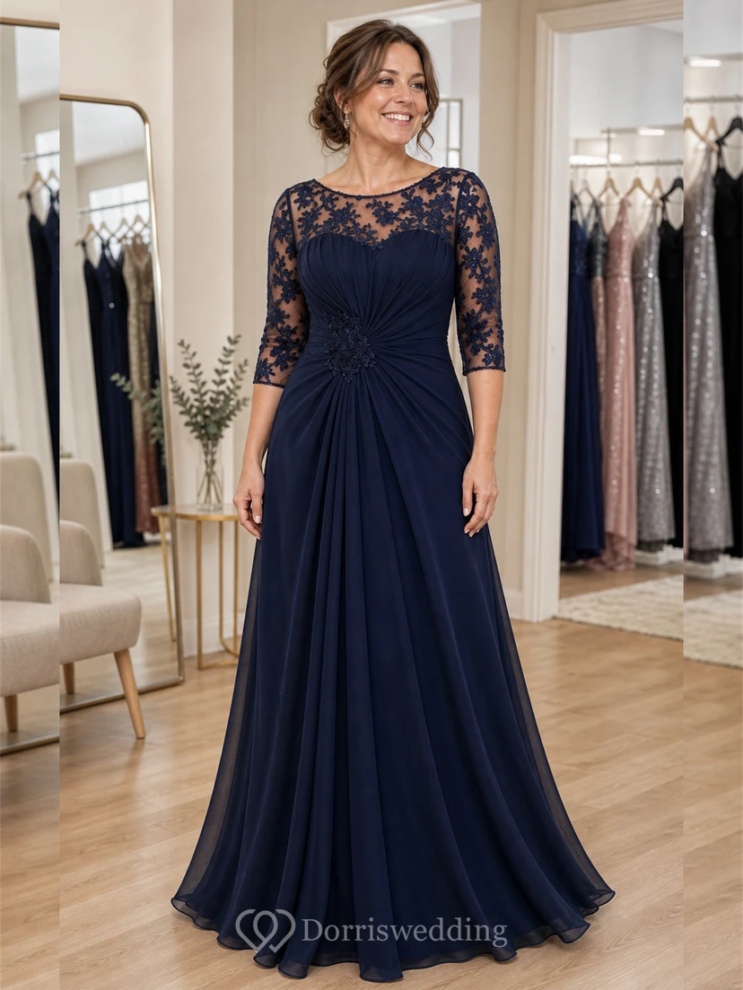 Half-Sleeved A-Line Long Mother Of The Bride Dress With Keyhole Back And Appliques view 5