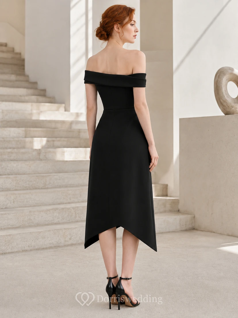 Schwarzes schulterfreies, asymmetrisch gefaltetes Cocktailkleid in Midi-Länge view 2