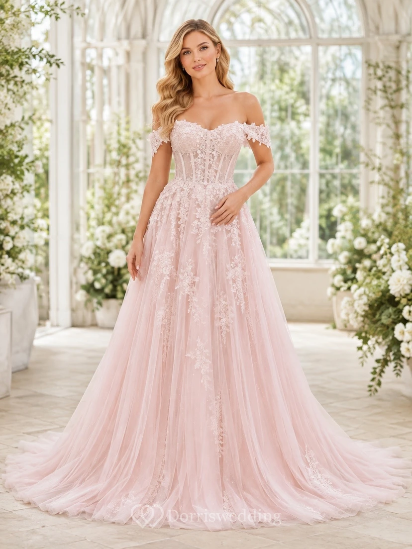 Vestido de novia elegante de estilo bohemio romántico con hombros descubiertos, corte A y encaje.