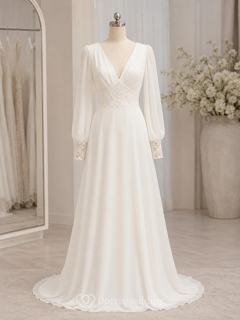 Langärmeliges Chiffon-Brautkleid in A-Linie mit offenem Rücken aus Spitze view 7