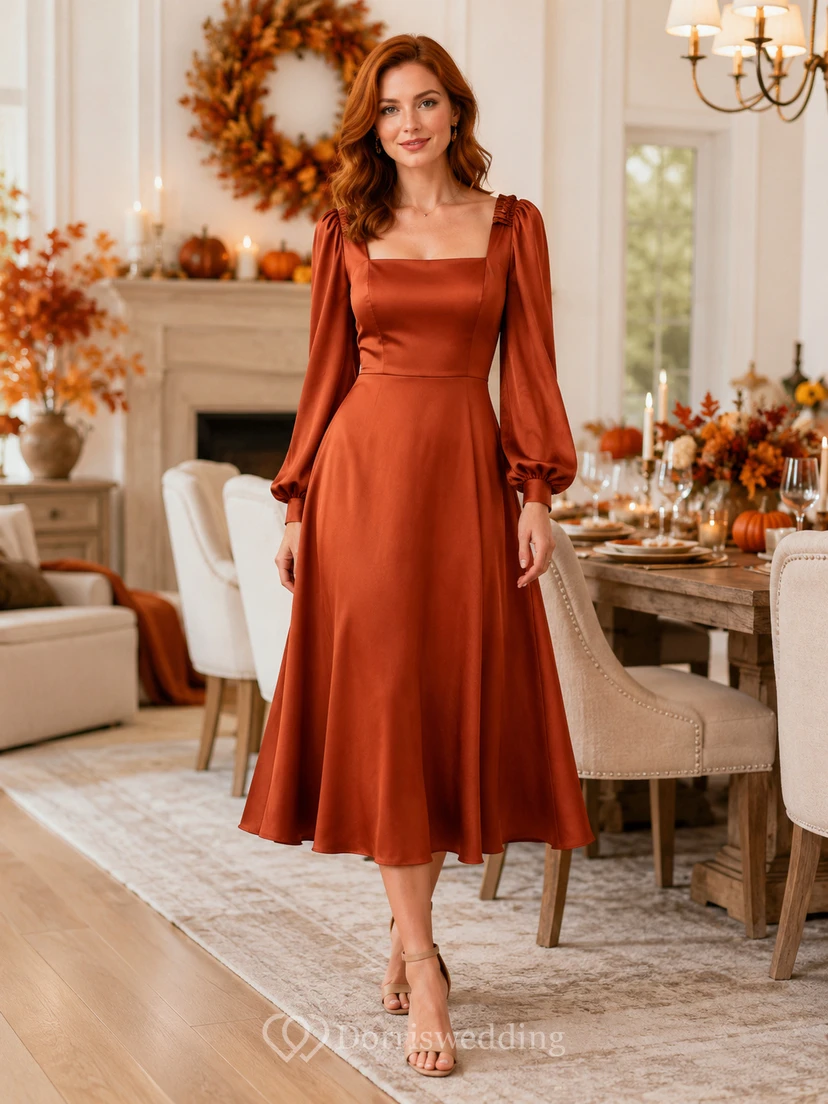 Robe de Thanksgiving en satin rouille à manches longues et coupe trapèze