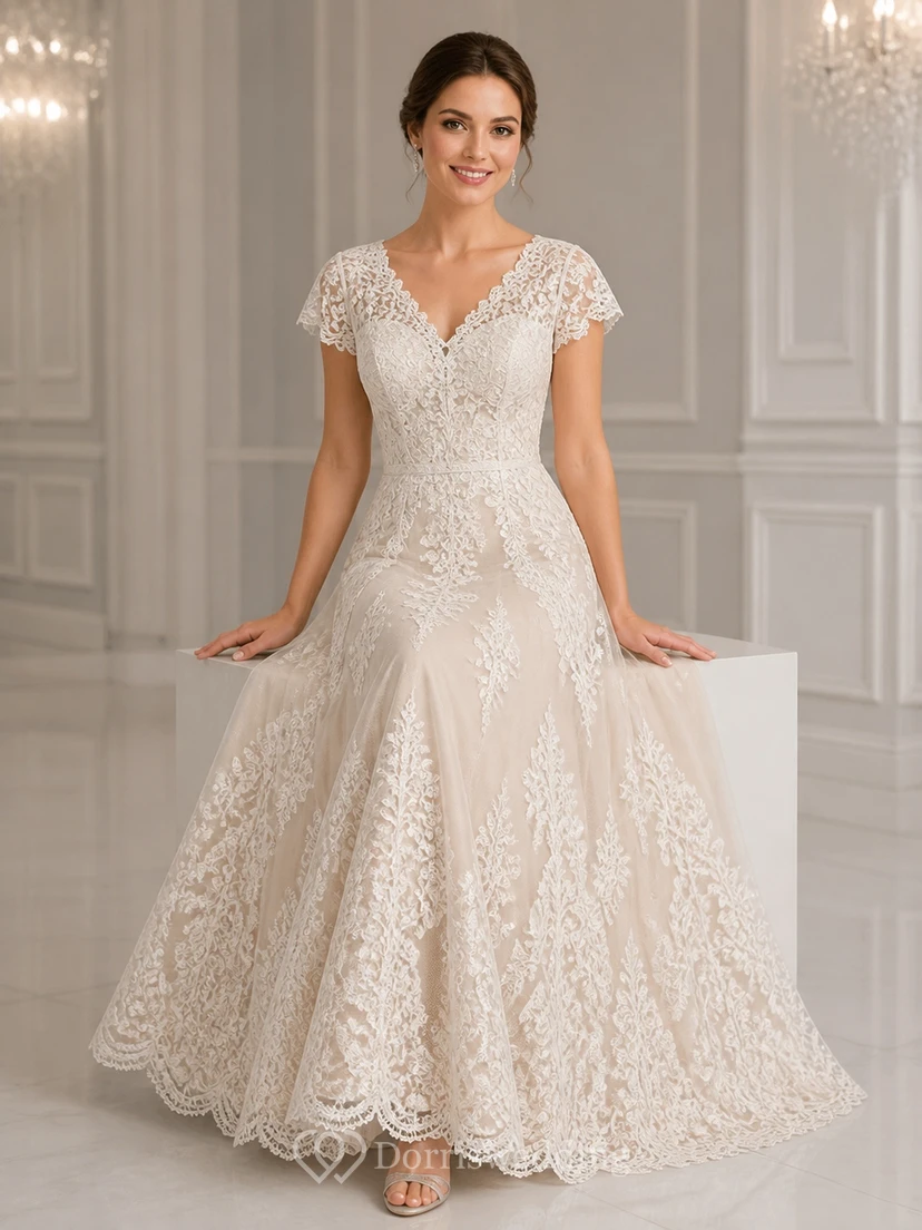 Vestido de novia de gala vintage de talla grande con escote en V, encaje y mangas cortas