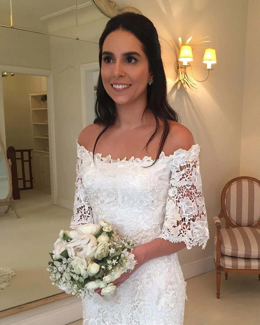 Vintage-Brautkleid im Boho-Stil mit schulterfreiem Ausschnitt, halblangen Ärmeln und Spitze view 3