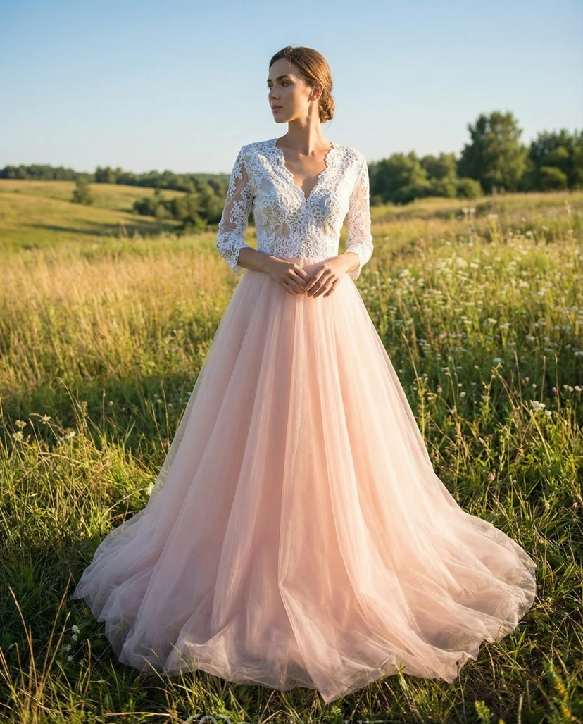 Robe de mariée rose en tulle et dentelle avec manches
