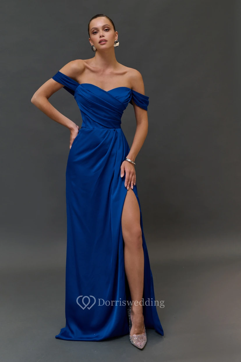 Off-the-shoulder Criss-cross Sheath Split Blue Dress view 2