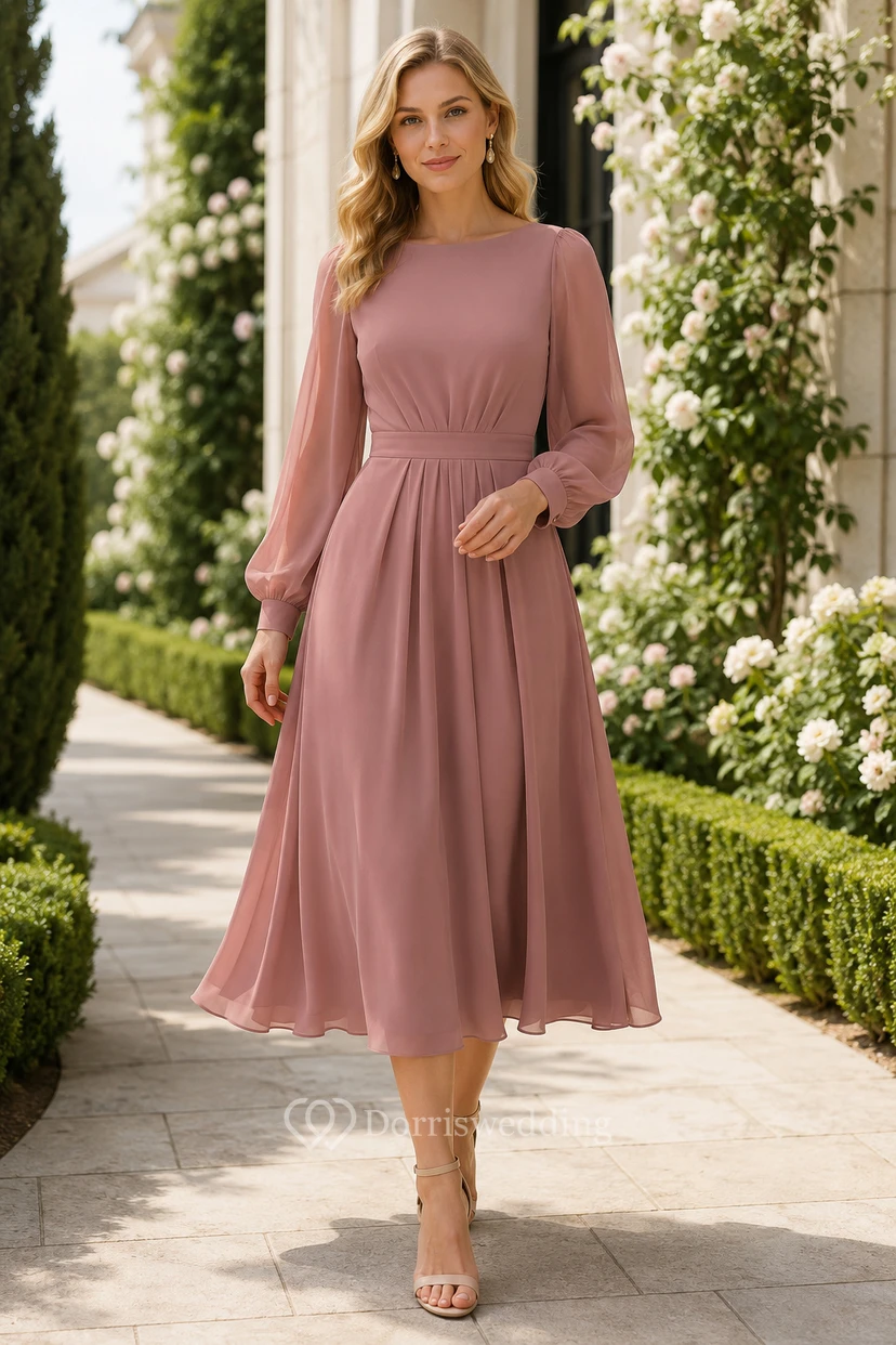 Vestido largo de gasa color rosa empolvado de manga larga hasta la rodilla