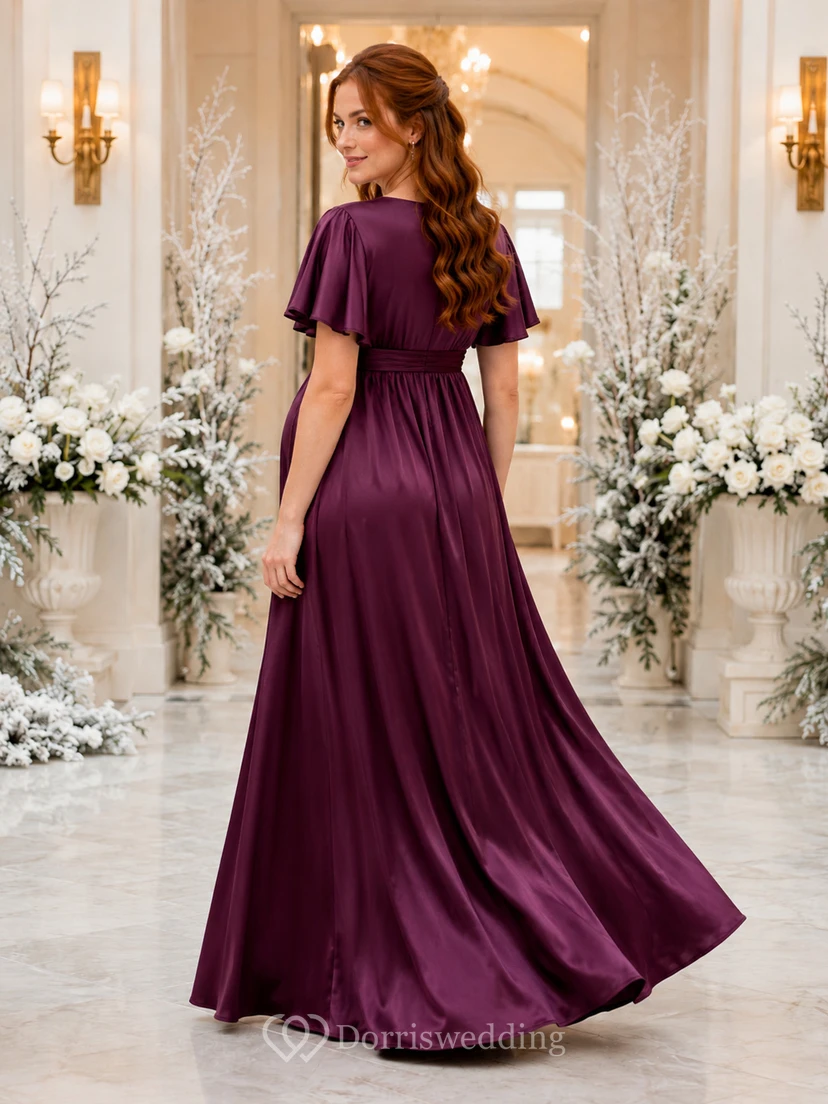 Plum V Neck Flutter Sleeve Satin Empire Floor Maternity Guest Gown view 2